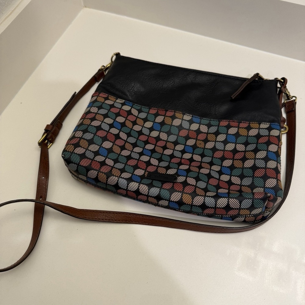FOSSIL Fiona Crossbody Bag Handbag Black Multicolor Purse Shoulder Leather Bag